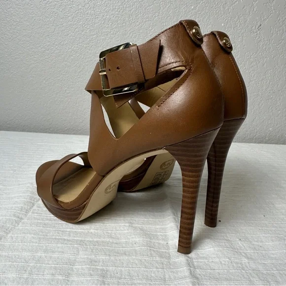 Michael Kors Brown Leather Strappy Stiletto Heels gold hardware - Picture 11 of 16